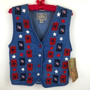 NWT Tantrum Blues Denim Vest Patriotic USA Flag Stars Red White Blue
